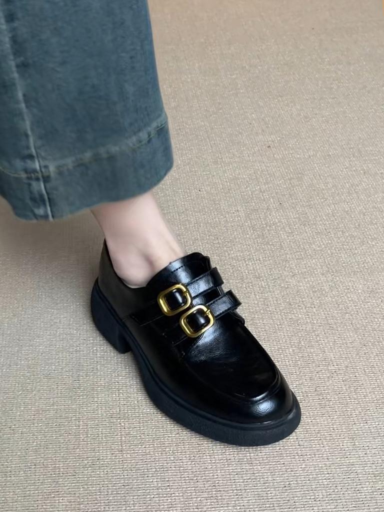 French platform loafers 2025 spring new round head versatile retro British thick heel Mary Jane small leather shoes women