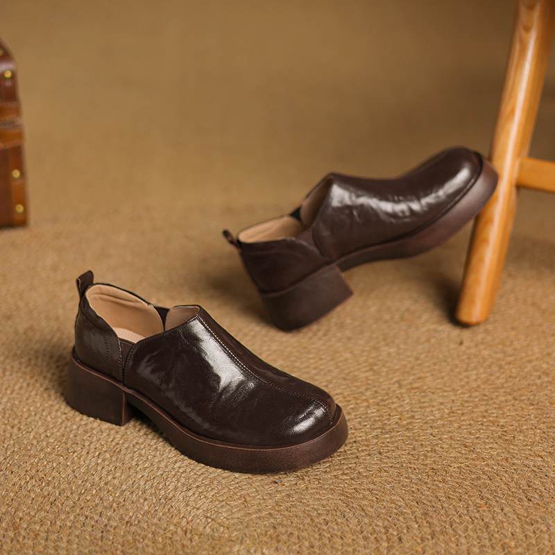 Krazing Pot Sheep Skin Autumn Winter Shoes Chunky Heels Size 43 Size 42 Round Toe Slip On Deep Mouth Pumps