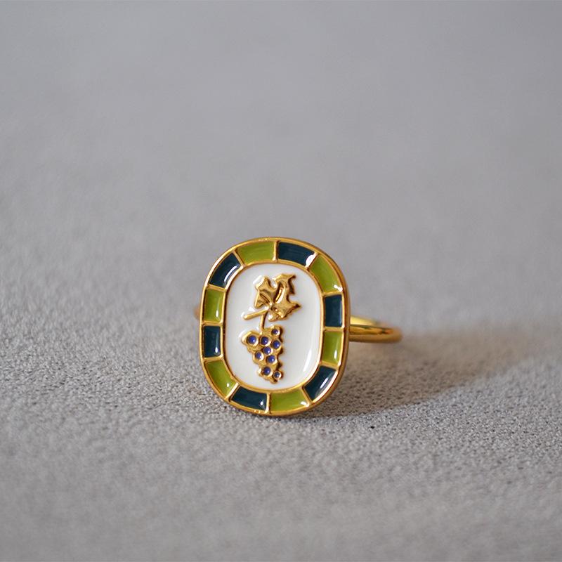 

French Pastoral Leaf & Grape Enamel Ring in Gold-Plated Brass, Romantic Temperament Design for Index Finger. Size 8