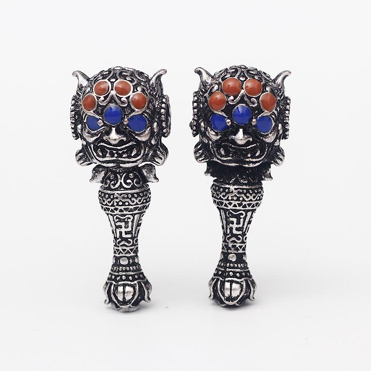 43Mm Old Chinese Miao Silver Mahakala Wrathful Deity Buddha Head Amulet Pendant