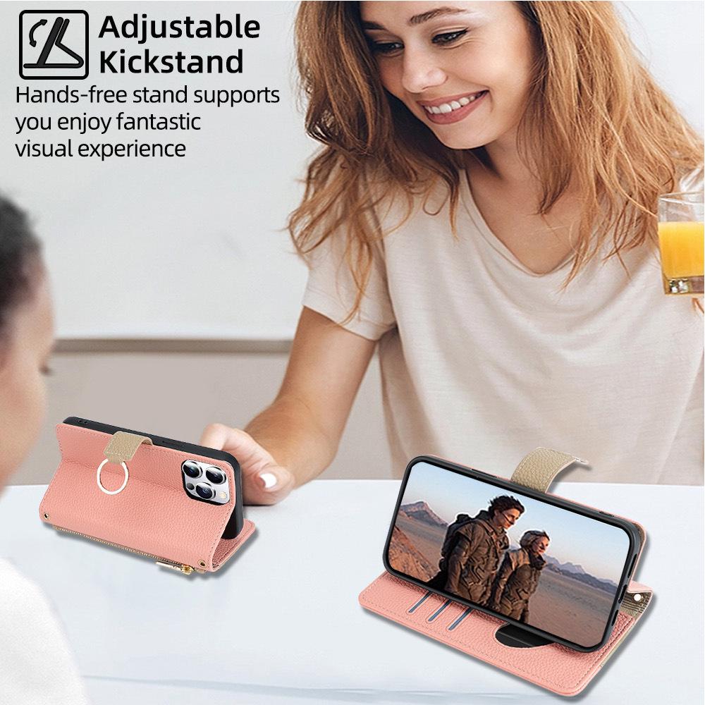 iPhone 16 Pro Flip Protective Case with Card Slot, Lanyard, Stand, Leather Design for Apple 17/12/13/15 Models.