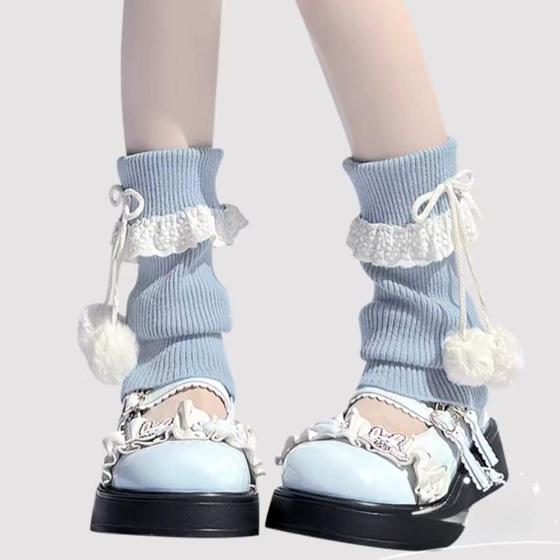 Dopamine Milk Blue Sock Covers Knitted Calf Sleeves Lace Trim JK Stacked Socks with Pom Poms Lolita Socks for Women