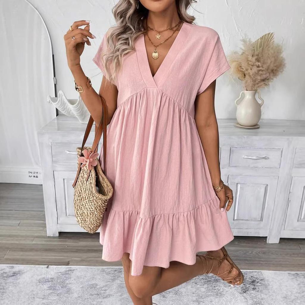 2026 European and American Women's V-neck Ruffle Hem Summer Dress