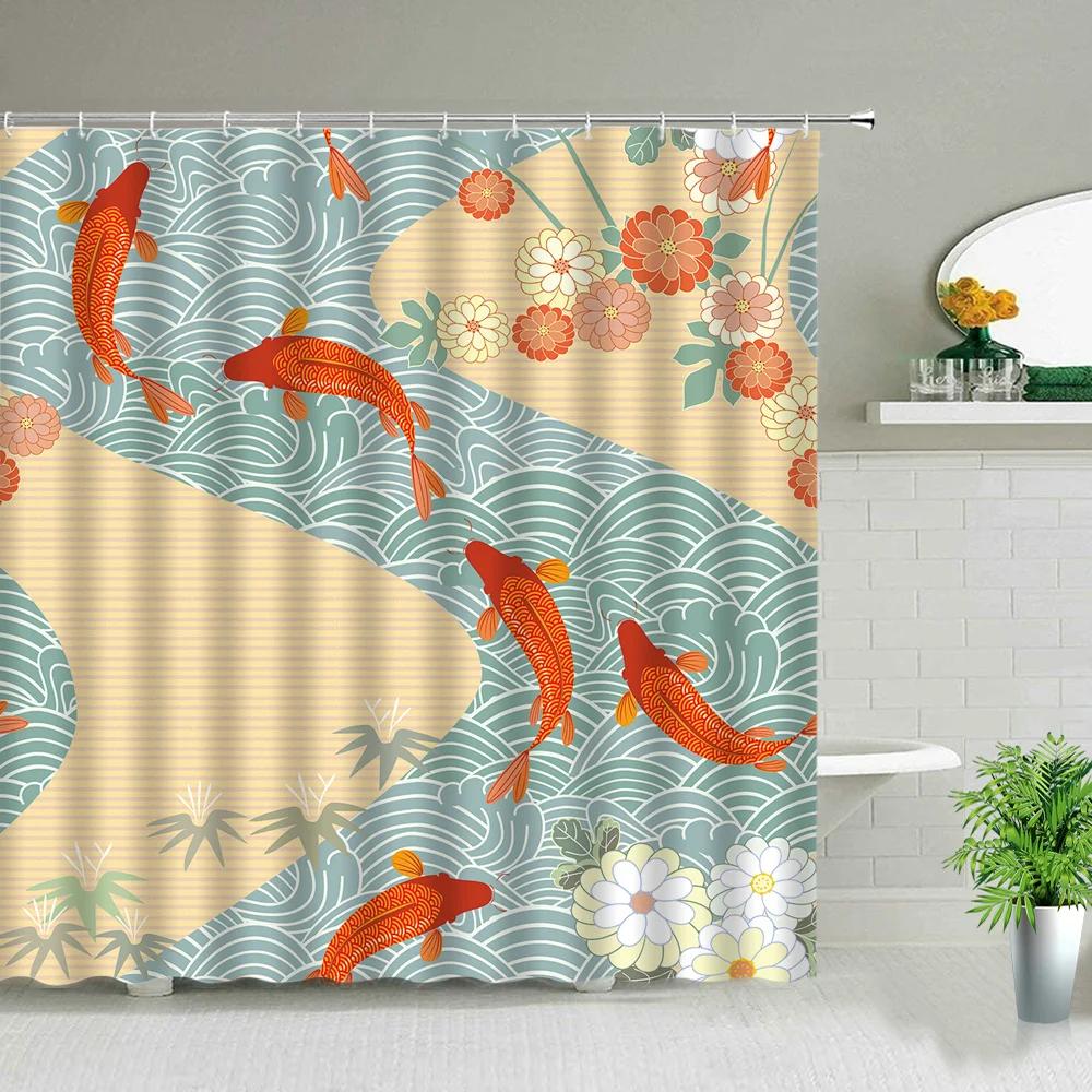 Modern Chinese Style Koi Fish Scenery Shower Curtain Bathroom Screen Waterproof Fabric Background Wall Decor Hanging Curtains