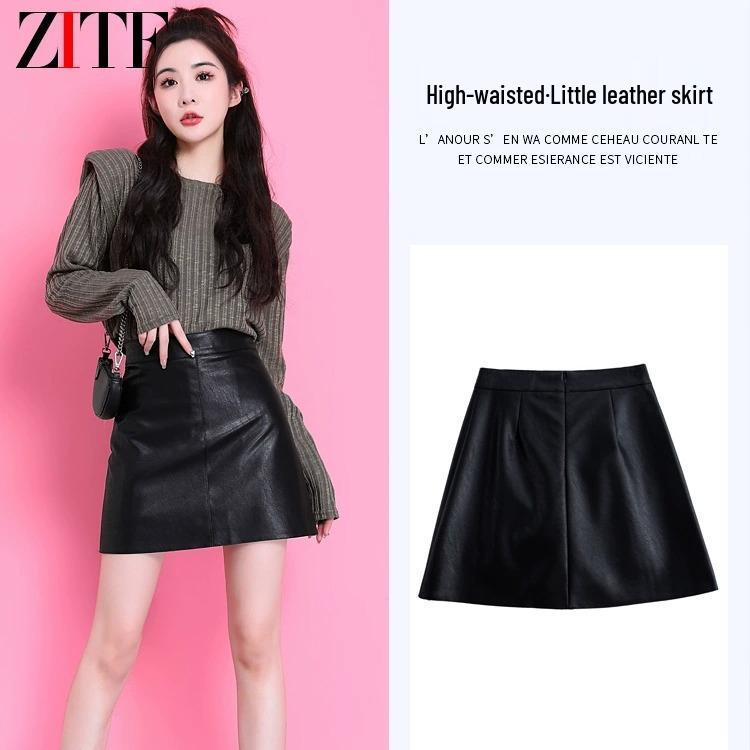 

Women s High-Waisted Black PU Leather A-Line Mini Skirt - Spring/Autumn Slimming Anti-Exposure Design S чорний