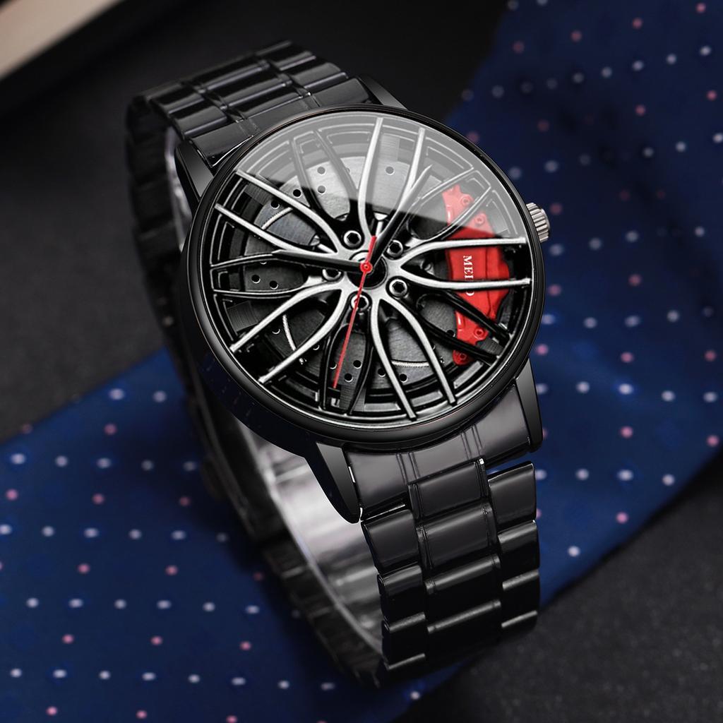2PCS Men Business Watches Fashion 3D Car Wheel Dial Men Sports Watch Stainless Steel Band Analog Quartz Watch Set