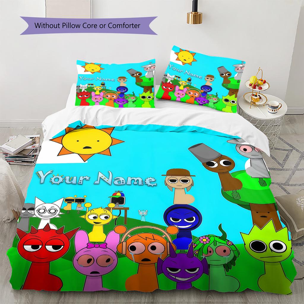Custom Name Colorful Creatures Gathering Bedding,Quilt Set Quilt Cover Pillowcase Home Birthday Gift (1 * Duvet Cover + 2 * Pillowcase, Without Core)
