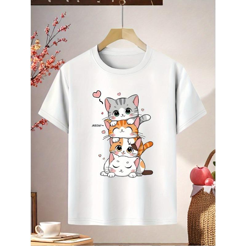 European sizes Cute Cartoon Cat Pattern T-Shirt - Soft And Comfortable, Featuring Three Cartoon Cats, Perfect for Summer Casual Wear,