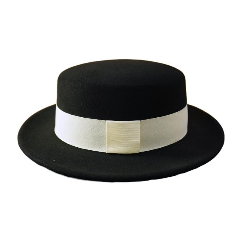 French Small Fragrance Black White With Short Brim Wool Flat Top Top Top Hat For Men And Women Autumn And Winter Retro British Versatile Felt Hat