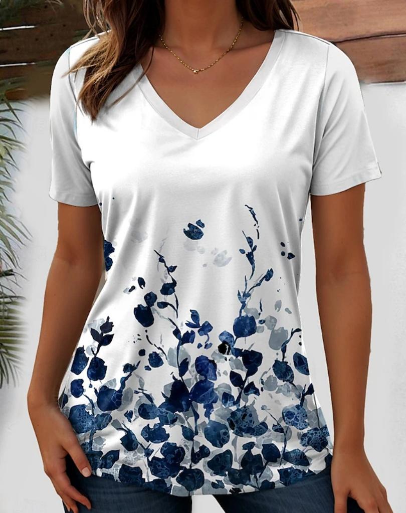 Harajuku Wind Ladies V-neck T-shirt Summer Outdoor Casual Short Sleeve Tops Retro Street Flower Print OverSize Women's Clothing