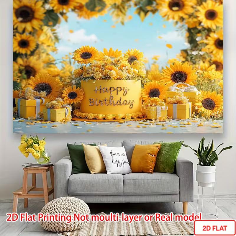 2D Cheerful Sunflower and Cake Backdrop Photo Booth Background for Kids' and Adult Shoots