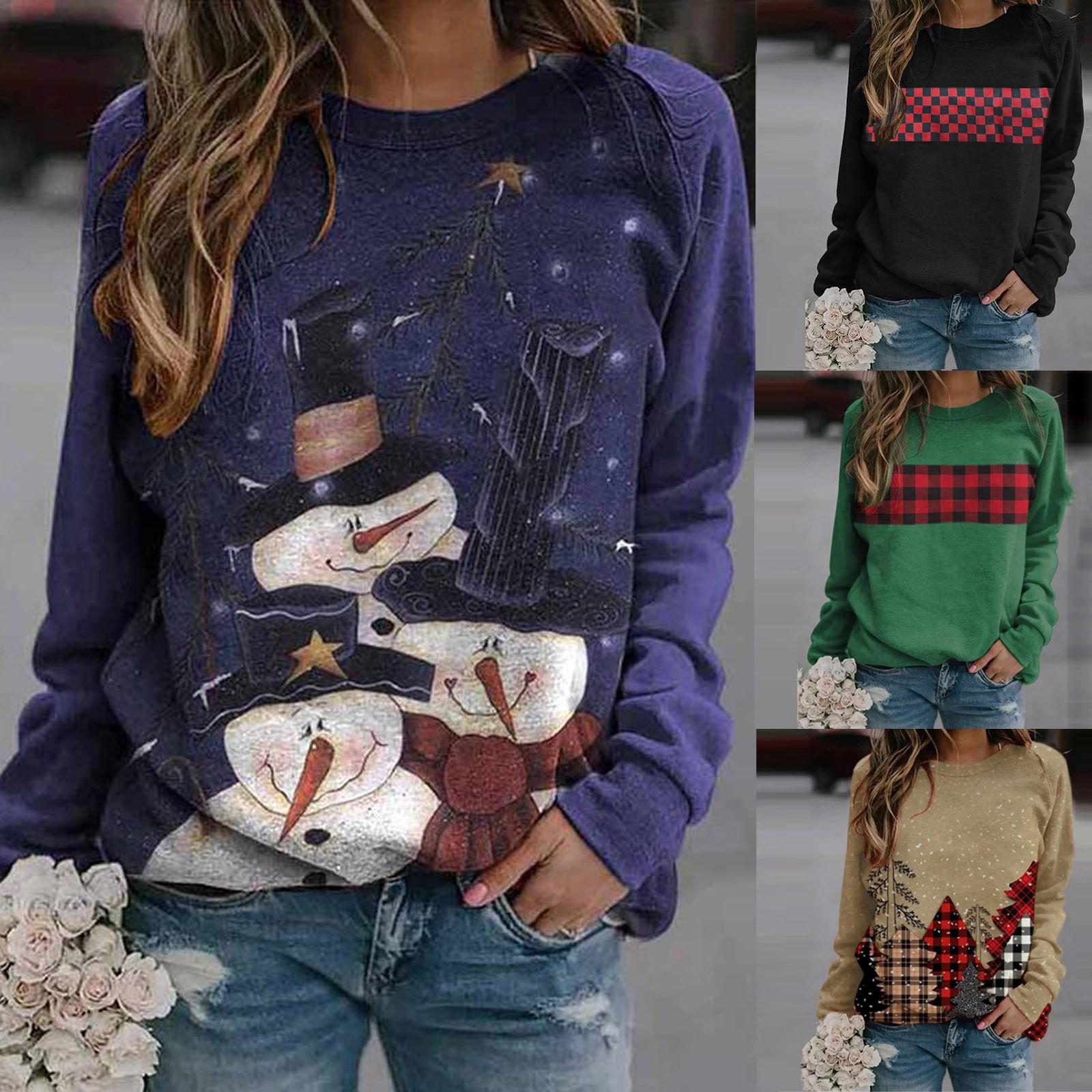 

Женщины повседневная рождественская печать реглан рубашки с длинным рукавом блузка топы