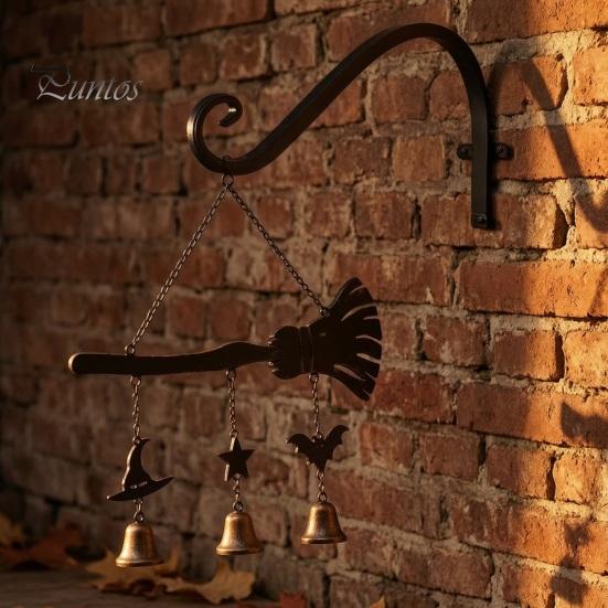 Crisp Sound Wind Chime Halloween Broomstick Witch Bells, Vintage Gothic Metal Hanging Peaceful Home Decor Ornaments for Door Wall Window Porch Indoor