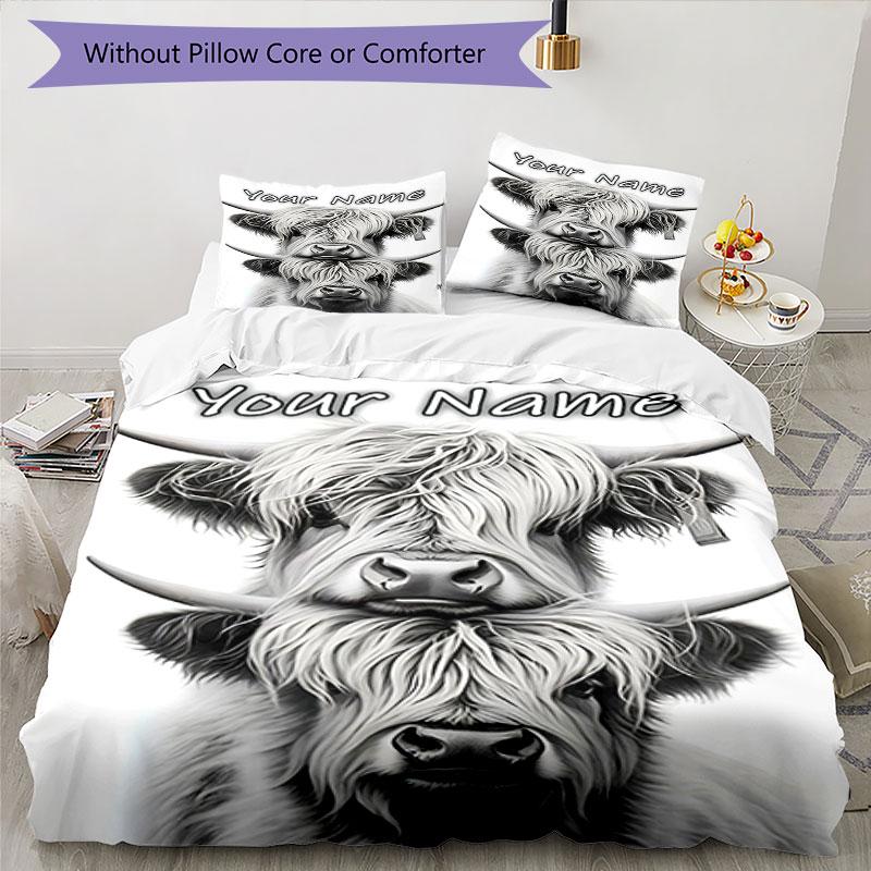 3PC Custom Name Highland Cattle Portrait Bedding Set Printed Bedding Set Duvet Cover Closure Includes 1 Duvet Cover & 2 Pillowcases for All Seasons Be