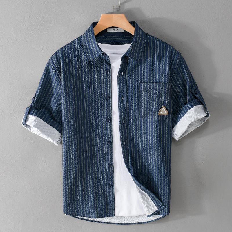 Men's Summer Striped Short-Sleeve Shirt with Bubble Texture - Trendy and Comfortable, Five-Point Sleeves 944