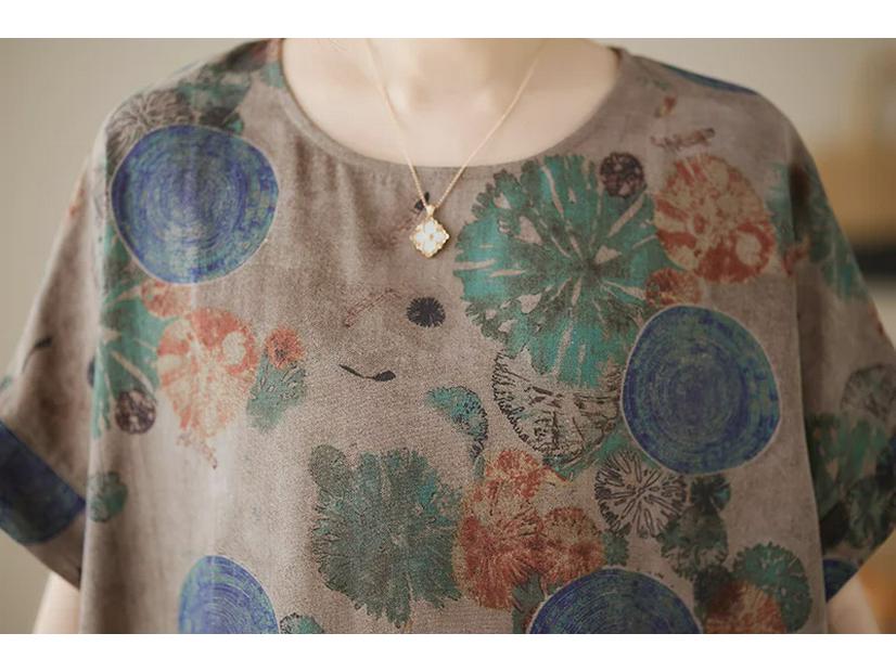 2023 Summer Plus Size Cotton Linen Print Dress - Retro Ethnic Style for Women