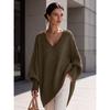 Women V Neck Loose Sweater Mid Length Long Sleeve Cozy Knit Top Fall Winter