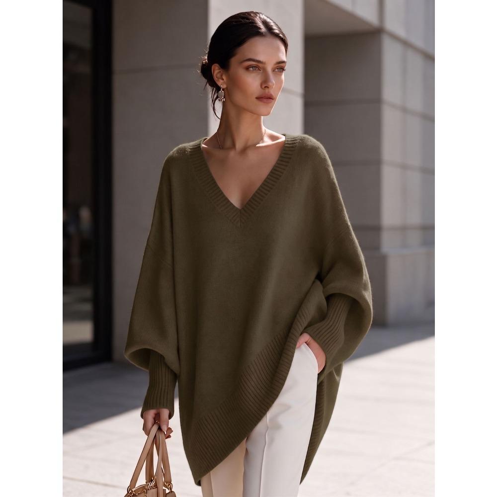 Women V Neck Loose Sweater Mid Length Long Sleeve Cozy Knit Top Fall Winter