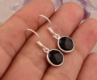 Solid 925 Sterling Silver Earring Black Onyx Round Gemstone Earring Handmade Earrings Women Earring