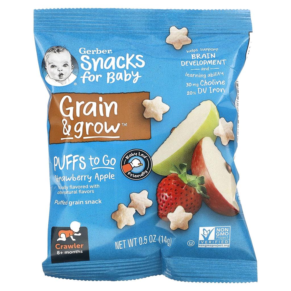 Gerber, Puff To Go, 8 Months+, Strawberry Apple, 12 Snack Packs, 0.5 oz (14 g) each