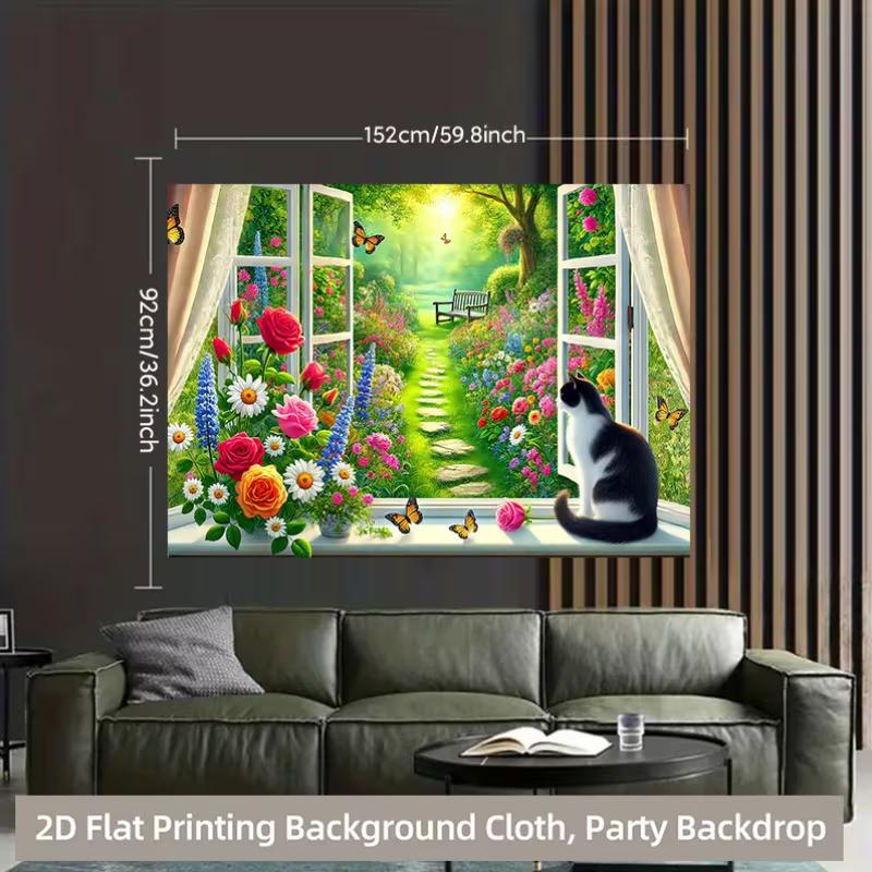 

2D Cat at Open Window Tapestry Garden View with Flowers and Butterflies Backdrop 47.2x31.5inch/120*80cm