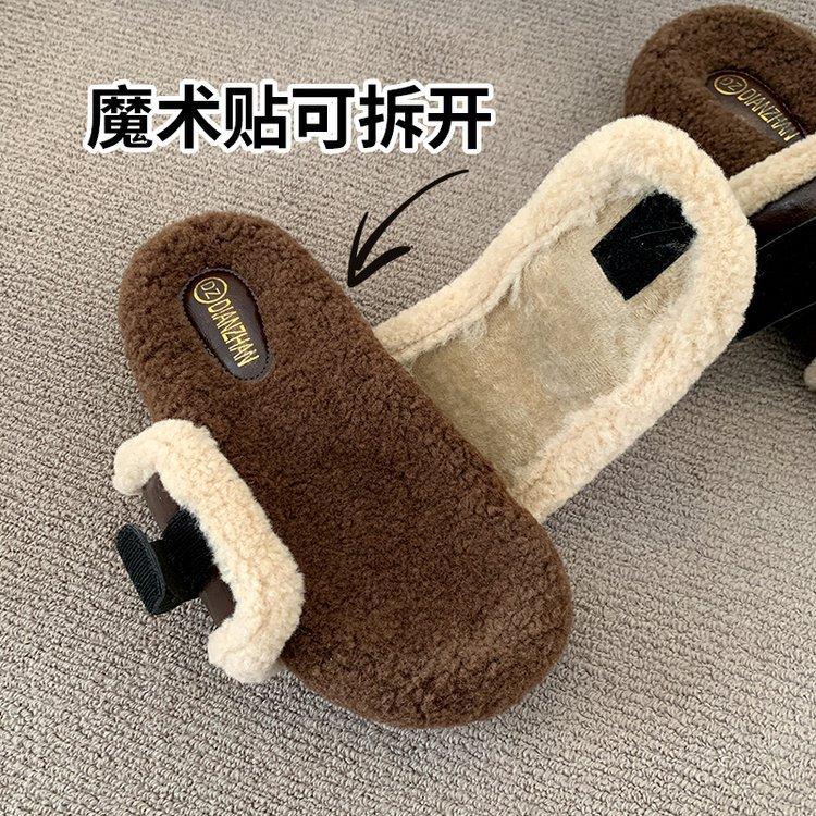 Premium thick-soled fluffy slippers women's 2025 autumn wear French retro casual flat-bottomed velvet half-drag cotton shoes