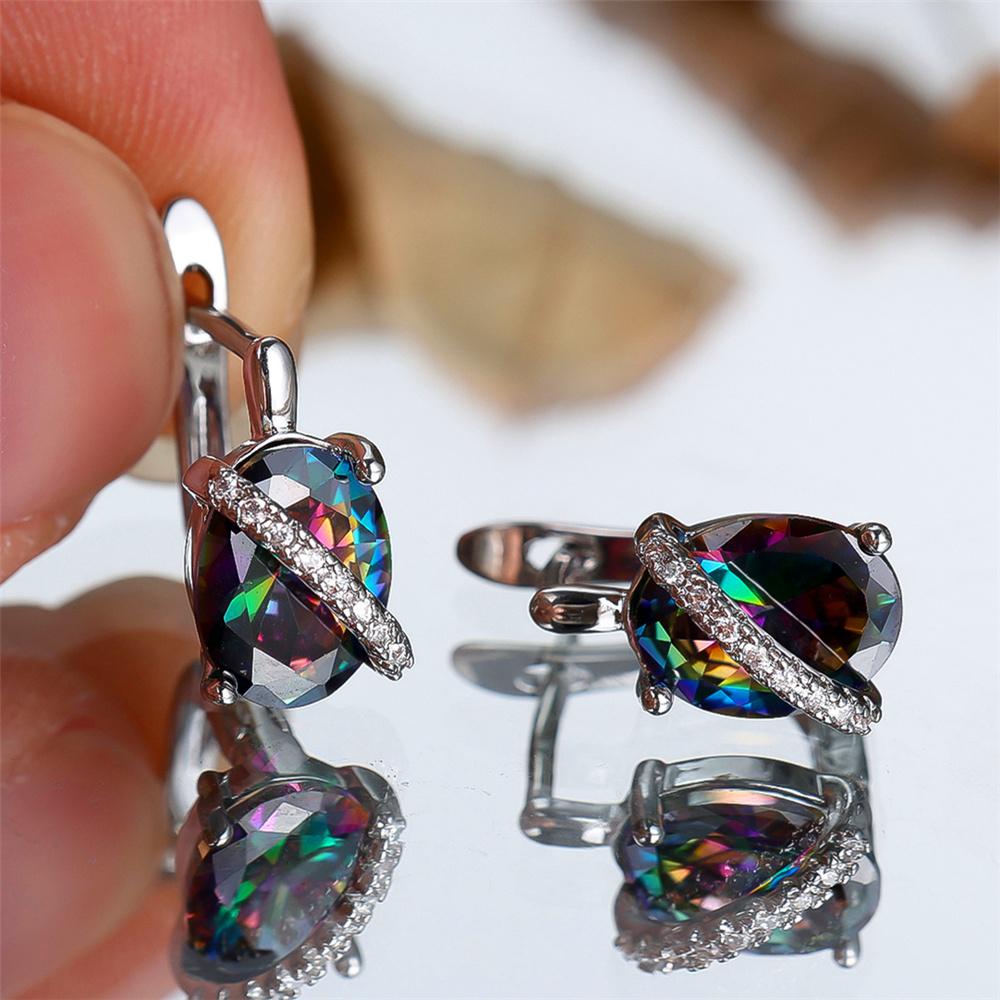 Cute Female Rainbow Zircon Stone Oval Hoop Earrings  Female Silver Color Wedding Jewelry For Women