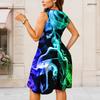 Women Plus Size Round Neck Sleeveless Red Black Printed Gathered Waist A Line Dress
