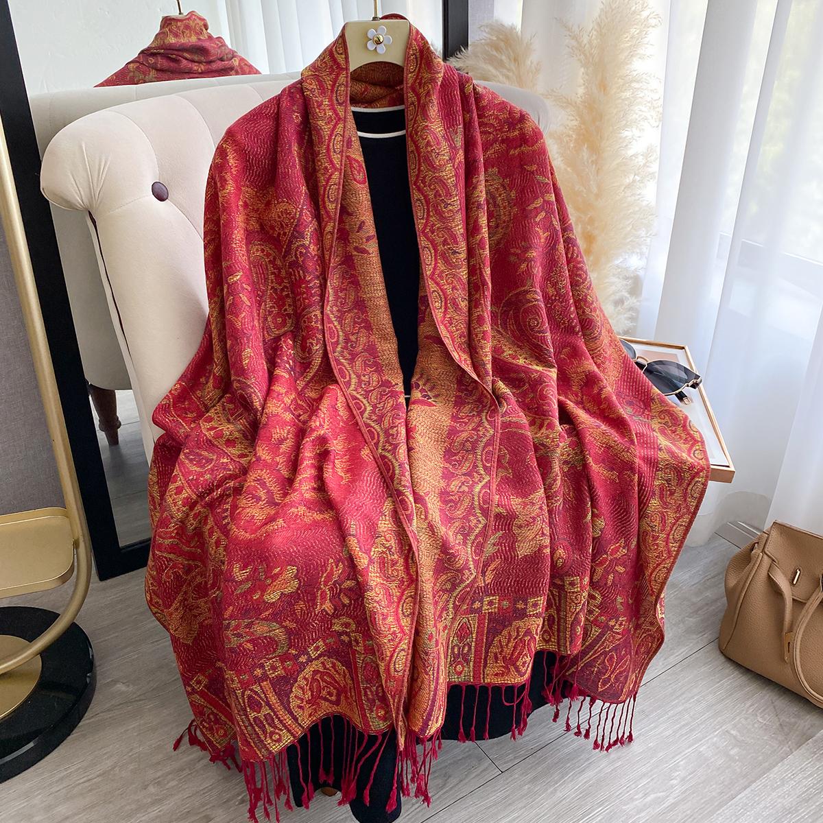 Роскошный зимний женский кашемировый шарф - Вышитая кисточками печатная шаль, объемный платок на голову и стильное парео-кейп
