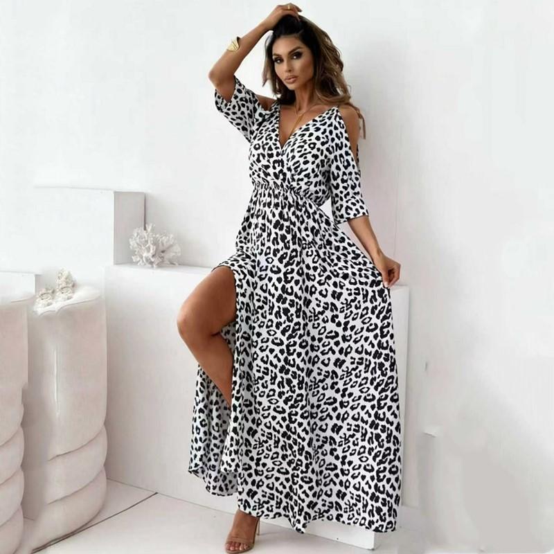 Strap plus size leopard sexy off the shouder new in dresses for women casual loose long summer dress