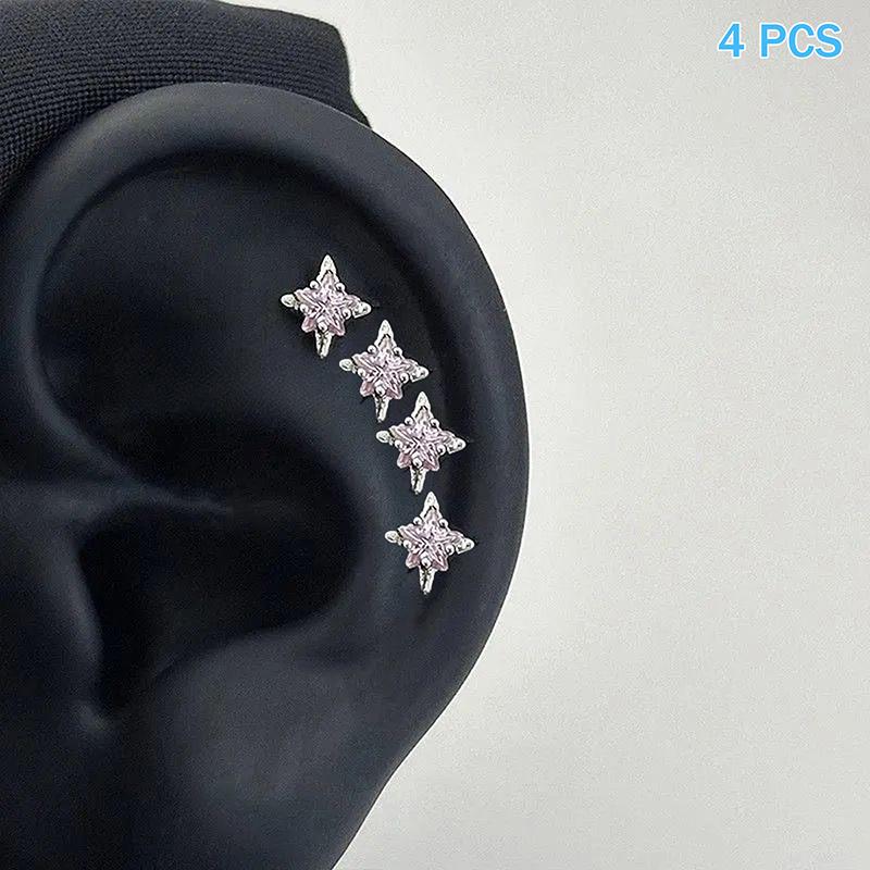 4Pcs Vintage  Zircon Wing Earrings Stud Women Luxury Shiny Angel Wings Cross Silver Color Earrings Studs Couples