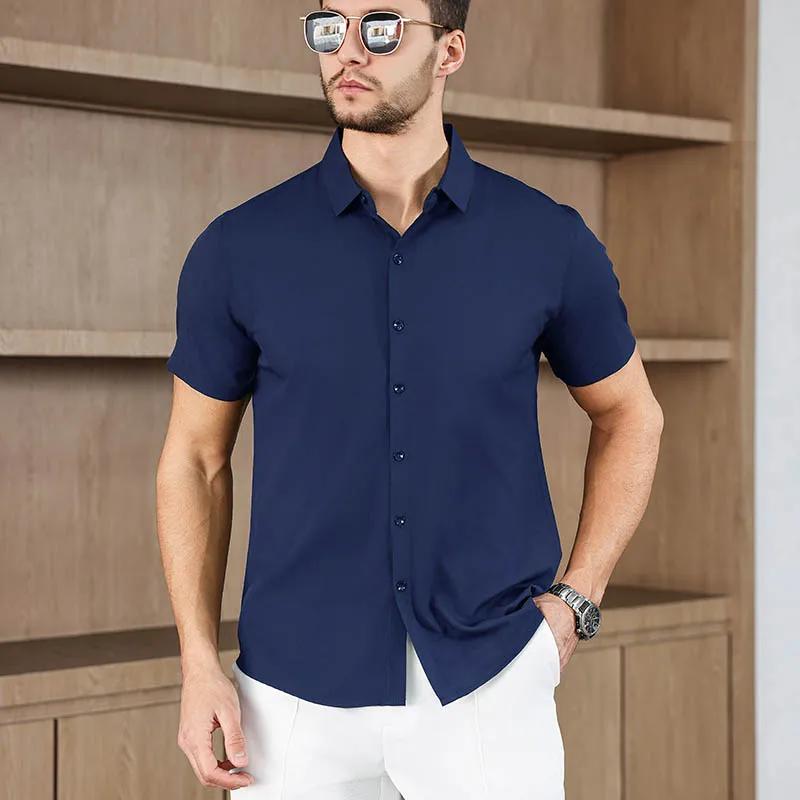 Men's Business Casual Solid Color Short Sleeved Shirt for Summer Fashion No Ironing Comfortable and Versatile Top