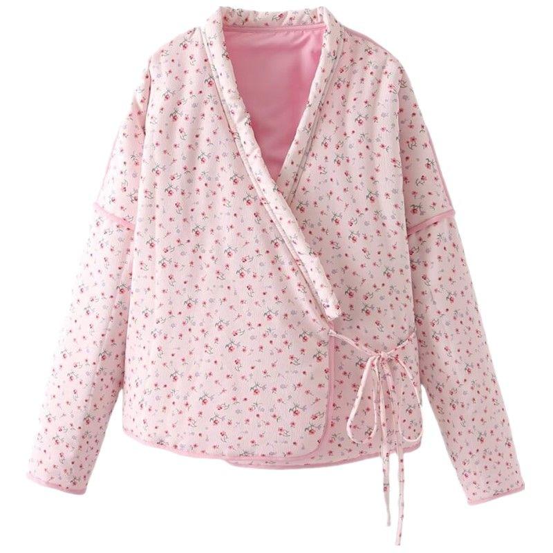

Fashion Style 2024 Fall and Winter New Arrival Women s Clothing Stylish Pink Wrinkle Fabric Floral Tie-Neck Loose Cotton Coat Pink L