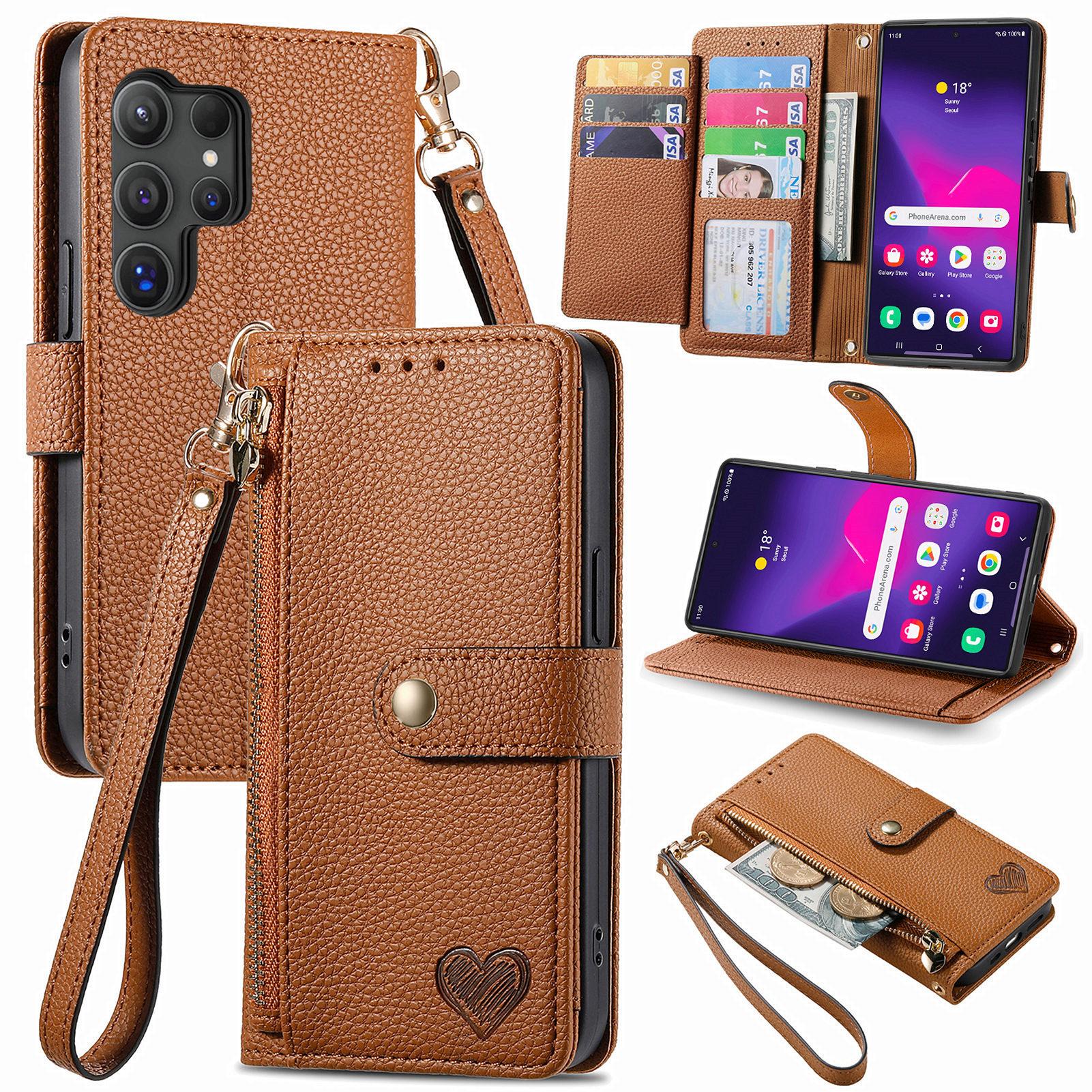 

For Samsung Galaxy S25 Ultra Case RFID Blocking Zipper Pocket Leather Wallet Phone Cover with Strap Brown