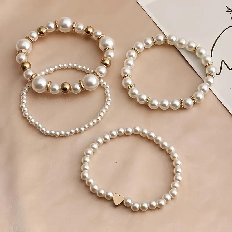 4 Pcs Elegant Boho Heart Charm Beads Bracelet Set Fashion Faux Pearl Layered Bracelets for Women Daily Wear Jewelry Gifts 2026