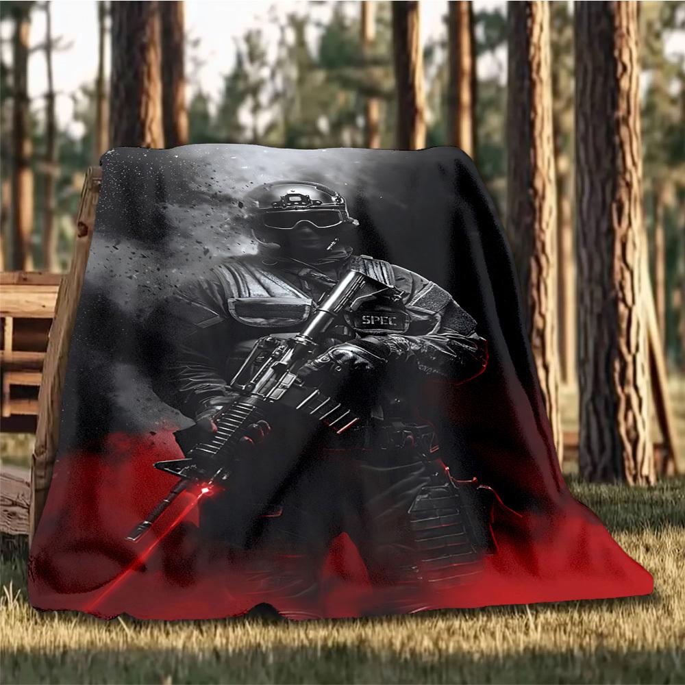 1pc Soldier Print Outdoor Blanket - Soft Flannel Cozy for Travel & Camping - All-Season Warm Bed Cover, Machine Washable yy251229095