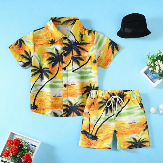 Toddler Boy Hawaiian Outfit Set Sunset Palm Leaves Shirt Shorts Kids Seaside