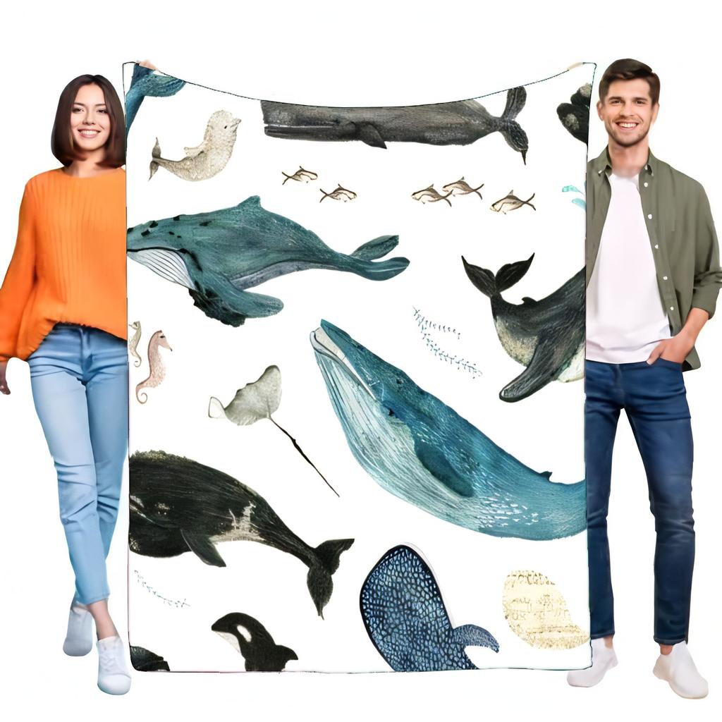 Whale Pattern Soft Blanket Cozy Throw for Bed Sofa, Lightweight Warm Fleece Blanket, Perfect Gift for Kids and Marine Life Lover