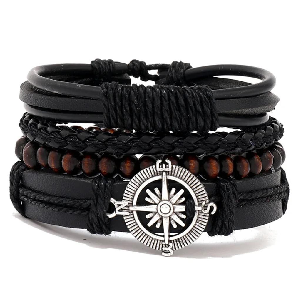4Pcs/ Set Braided Wrap Leather Bracelets for Men Vintage Life Tree Rudder Charm Wood Beads Ethnic Rope Bracelet