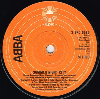 7inch Record ABBA - Summer Night City SEPC6595 Epic 1978 UK Pop Used