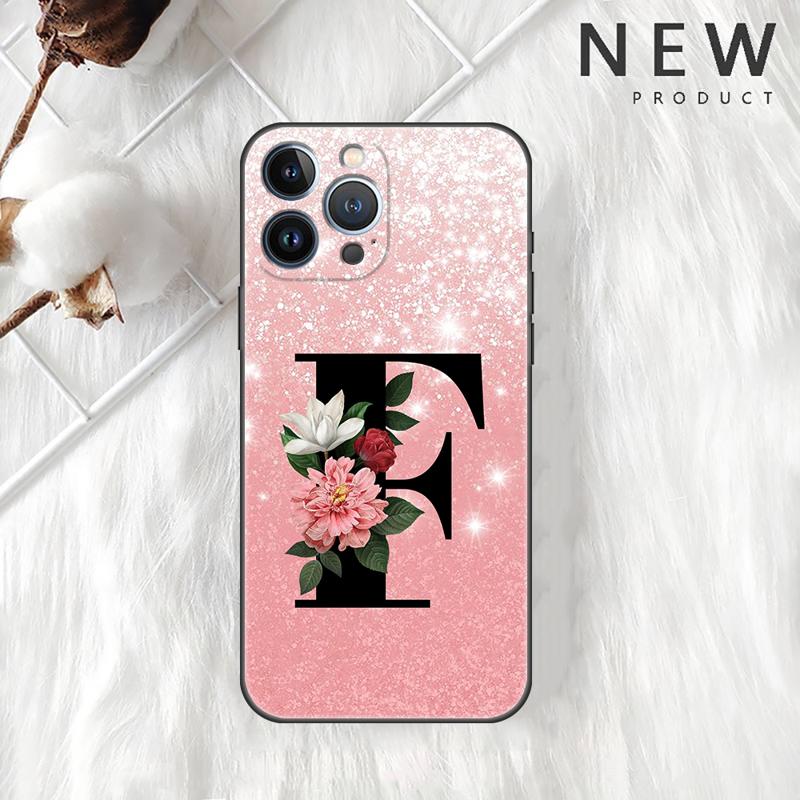 Letter A B C Flowers Pink Case For Apple iPhone 11 15 13 14 Pro Max 12 Plus X 15Pro Black Silicone Phone Coque