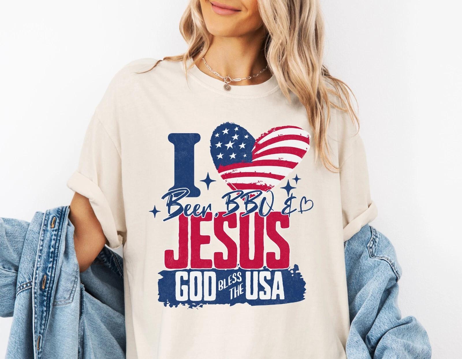 I Love Beer, BBQ And Jesus T-shirt, Comfort Colors Shirt, 4th Of July Shirt S