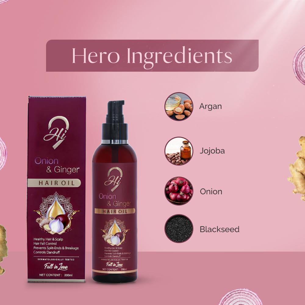 Hi9 Onion & Ginger Hair Oil - 200ML | Enriched with Onion Black Seed, Ginger Oil & 9 Herbal Extracts | Promotes Hair Growth | Controls Hair Fall