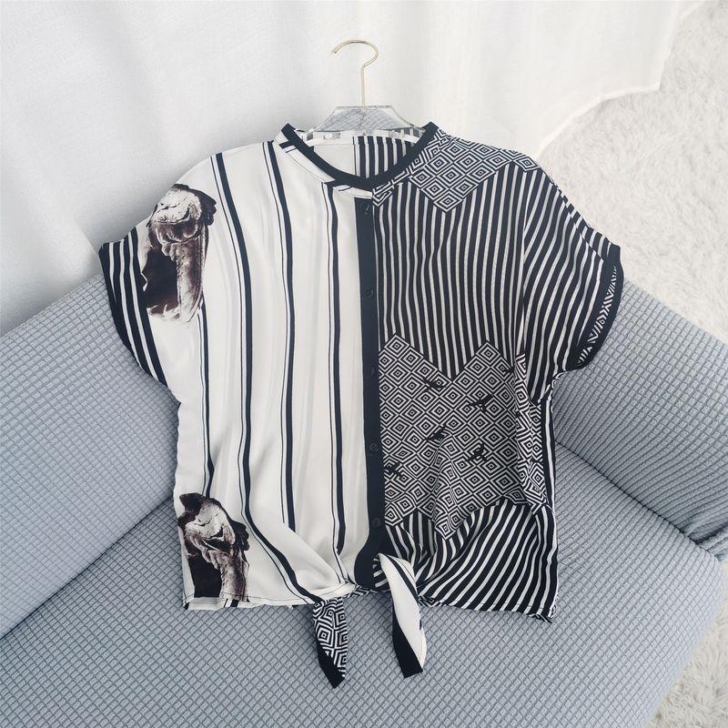 

Summer Clothing Western Style Shirt Tops New New Arrival Middle-Aged and Elderly Women s Summer Shirt 40-Year-Old Shirt Stripes Tops Button Black 4XL