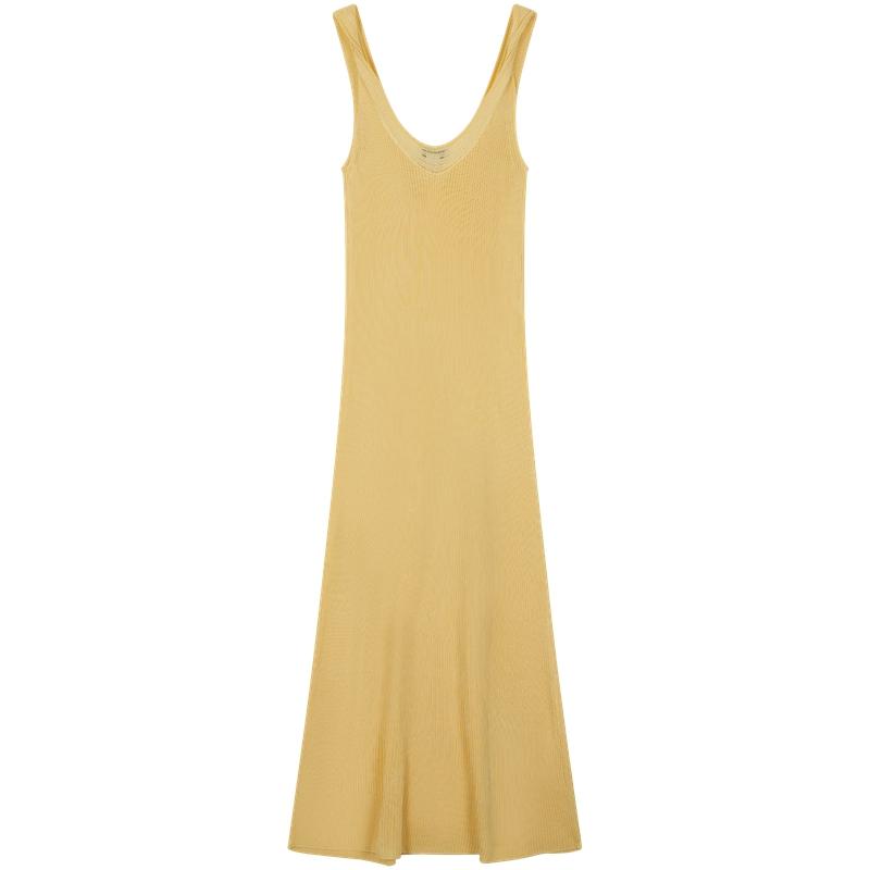 Calvin Klein French V-Neck Ribbed Knit Slip Dress Women dresses Sunlight-Yellow 47C304G