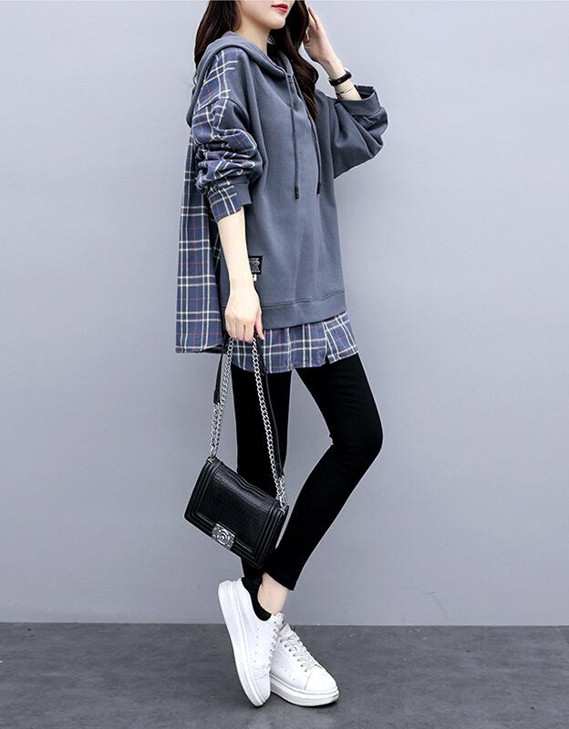 6535 Cotton Women's Fake Two-Piece Hooded Sweatshirt, Korean Style, Loose Fit, Spring/Autumn 2022 Trend.