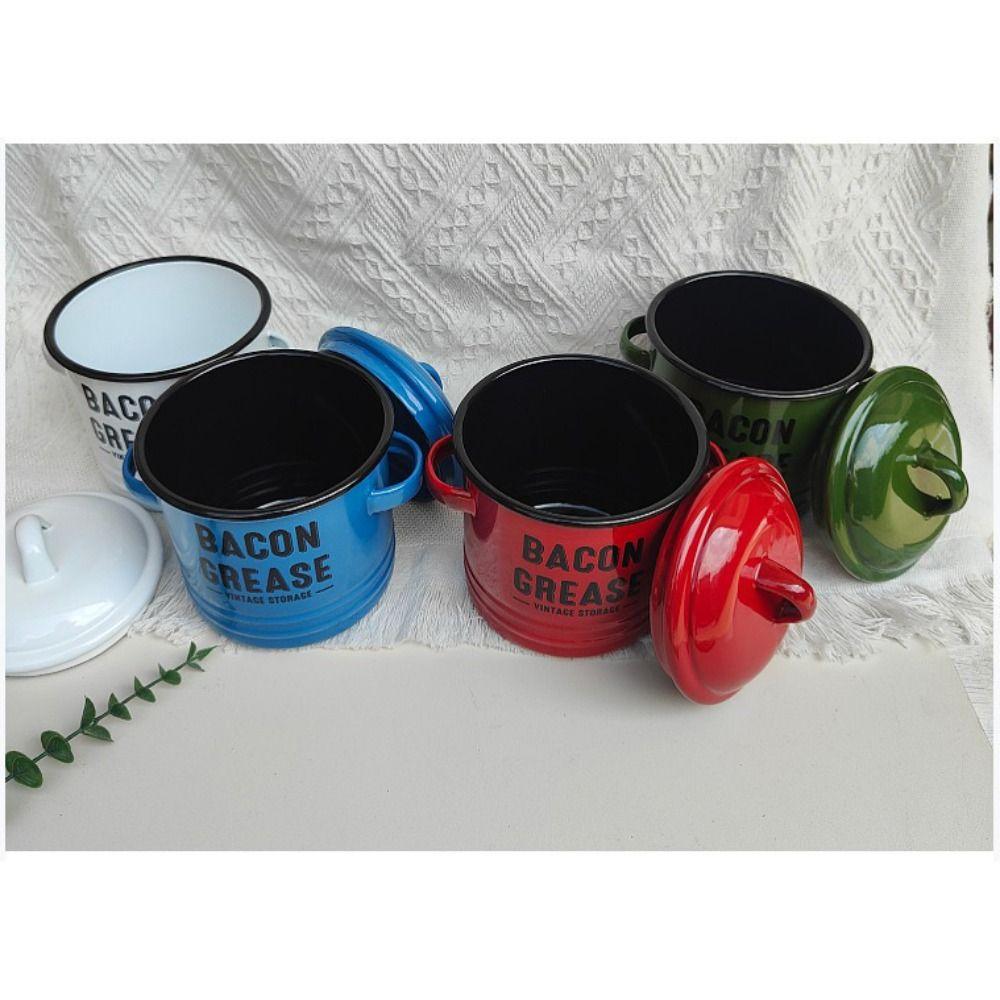 2 Handles Bacon Grease Container Lid Enamelware Cup 2025 Seasoning Storage Tank