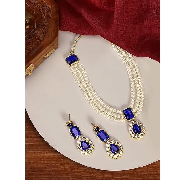Gold Plated Kundan Long Necklace Earring Indian Traditional Jewellery Set for Women & Girls