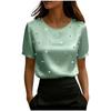Women's O Neck Short Sleeve Satin Top Loose Fit Elegant Blouse Pearl Beaded Casual Shirt