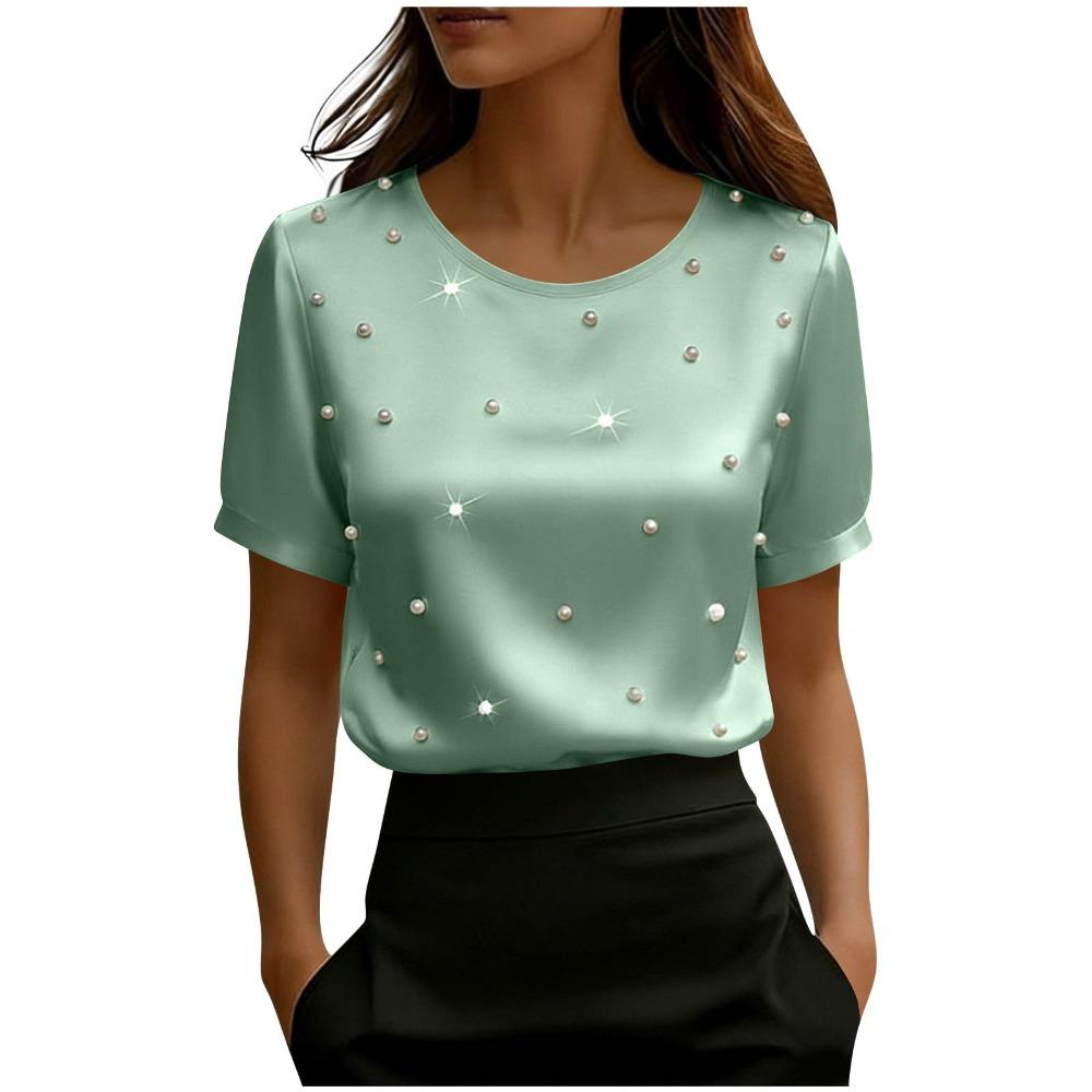Women's O Neck Short Sleeve Satin Top Loose Fit Elegant Blouse Pearl Beaded Casual Shirt